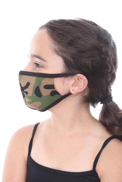 Kids fashion mask in army print, double-layered, made in USA, packaged in zip lock bags.