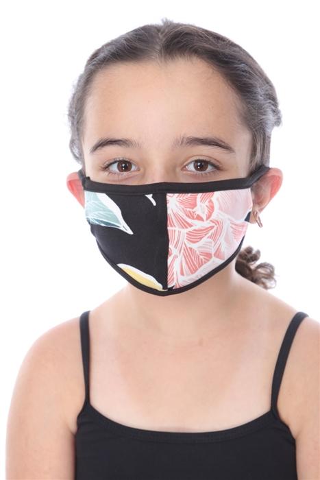 KIDS FASHION MASK-202 featuring a black floral print, designed for children with double-layer protection.