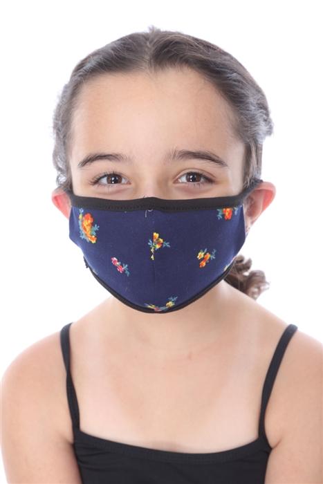 Navy floral print kids fashion mask, double-layered, made in USA, packaged in zip lock bags.