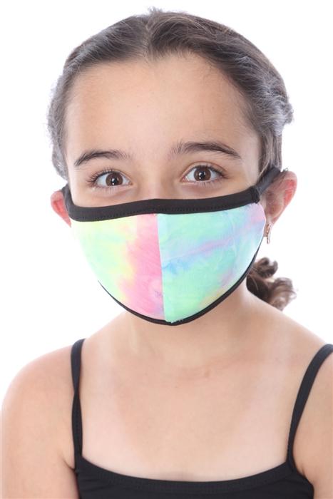 KIDS FASHION MASK-202 featuring a vibrant yellow tie dye print, designed for children with double-layer protection.