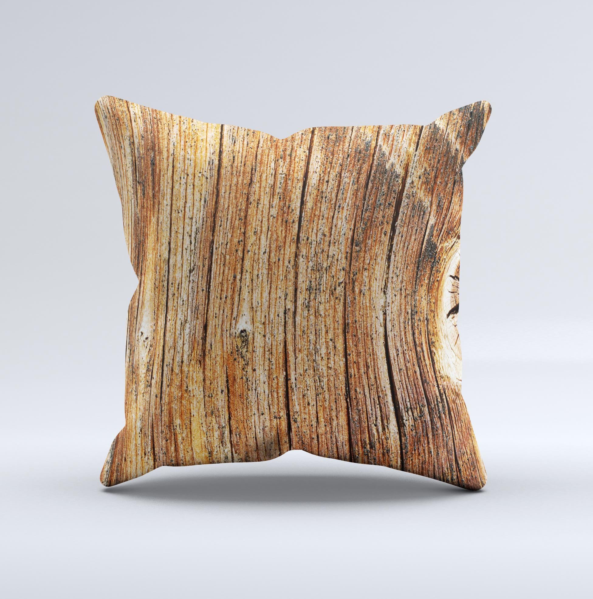 Knobby Raw Wood ink-Fuzed Decorative Throw Pillow showcasing unique handcrafted design and high-quality fabric.