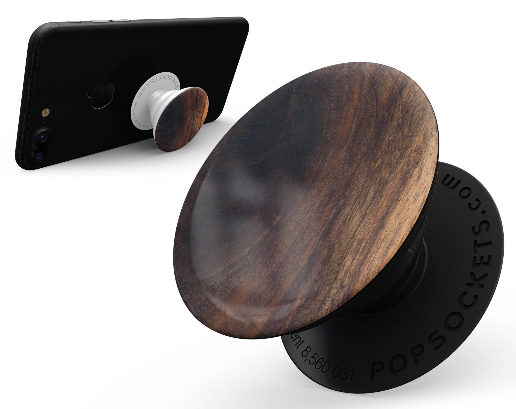 Knotted Rich Wood Plank Skin Kit for PopSockets, showcasing a stylish wood design on a smartphone grip.