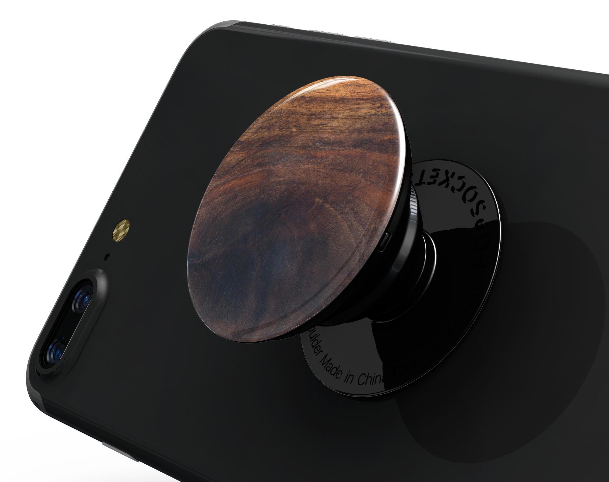 Knotted Rich Wood Plank Skin Kit for PopSockets, showcasing a stylish wood design on a smartphone grip.