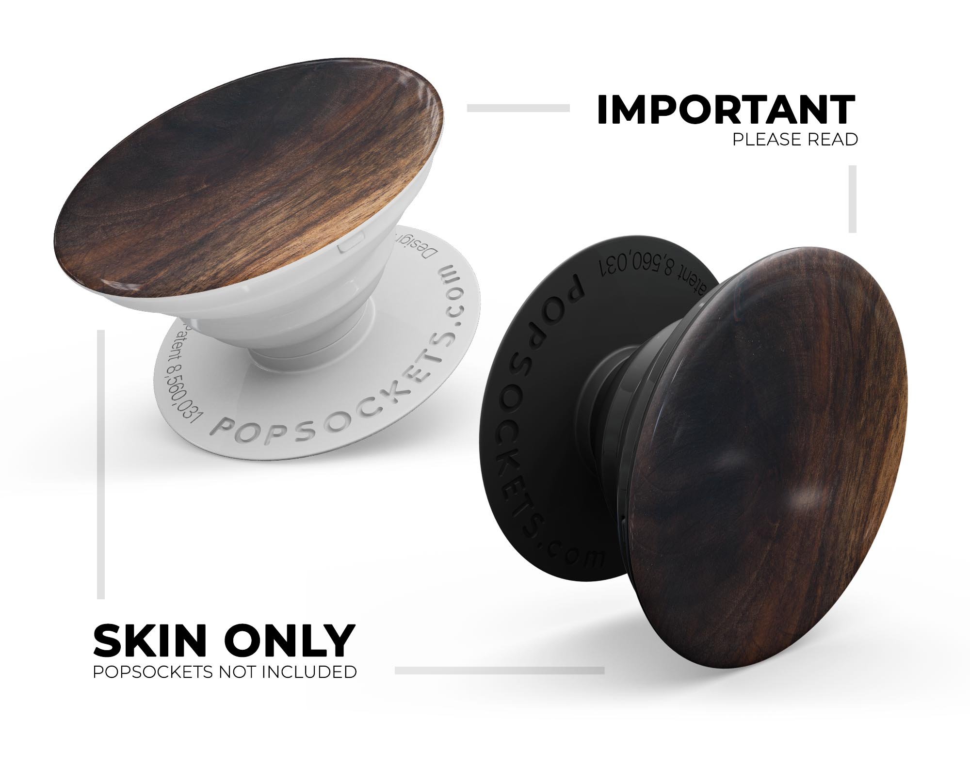 Knotted Rich Wood Plank Skin Kit for PopSockets, showcasing a stylish wood design on a smartphone grip.