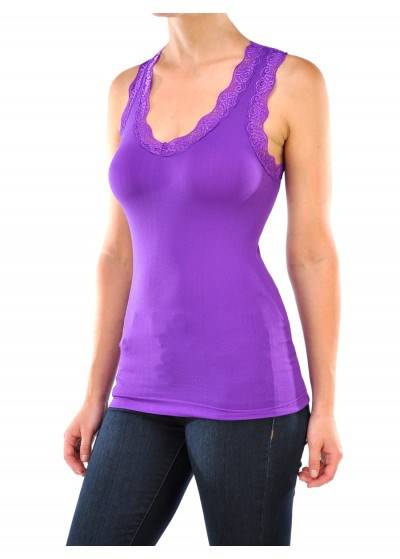 Lace Trim Racerback Tank featuring a stunning v-neck and scalloped lace detailing, perfect for layering and lounging.