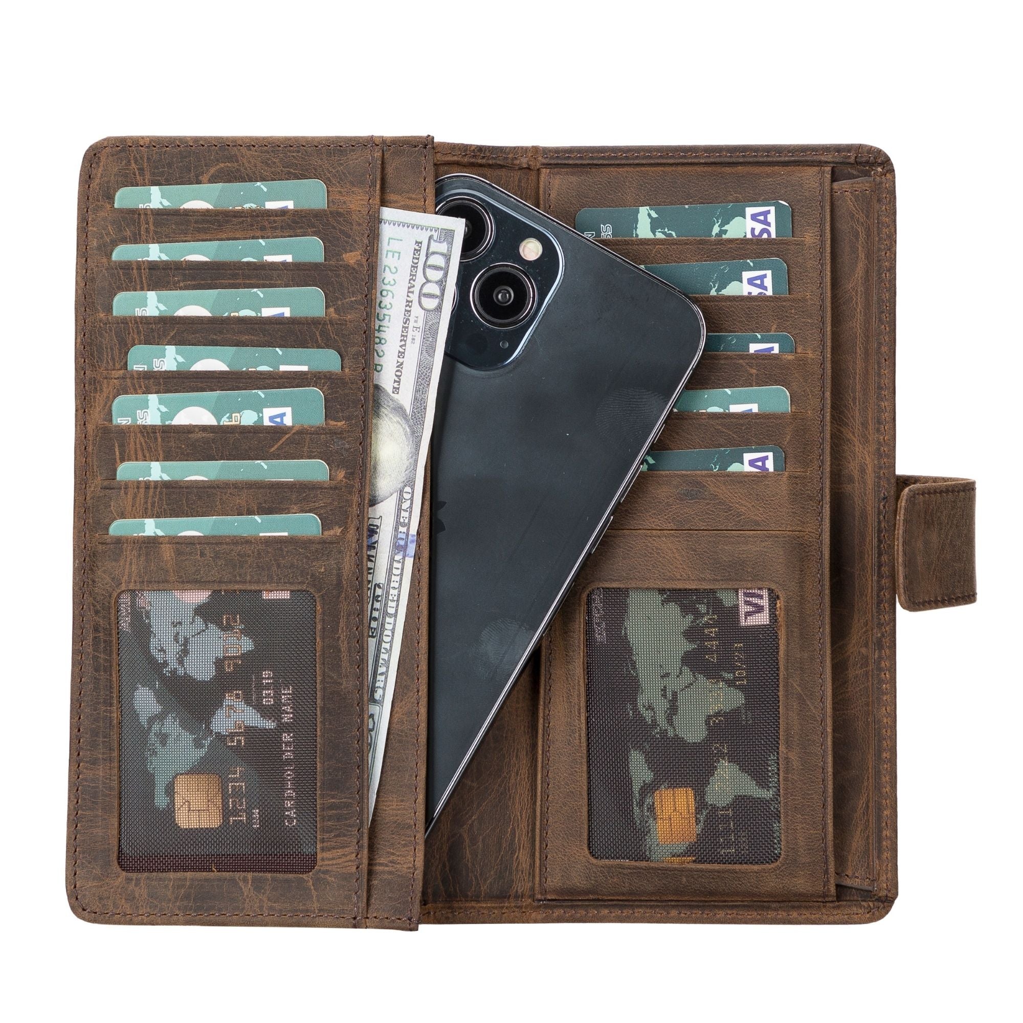 Lander Leather Phone Wallet showcasing its elegant design, multiple card compartments, and dedicated phone slot, crafted from high-quality leather.