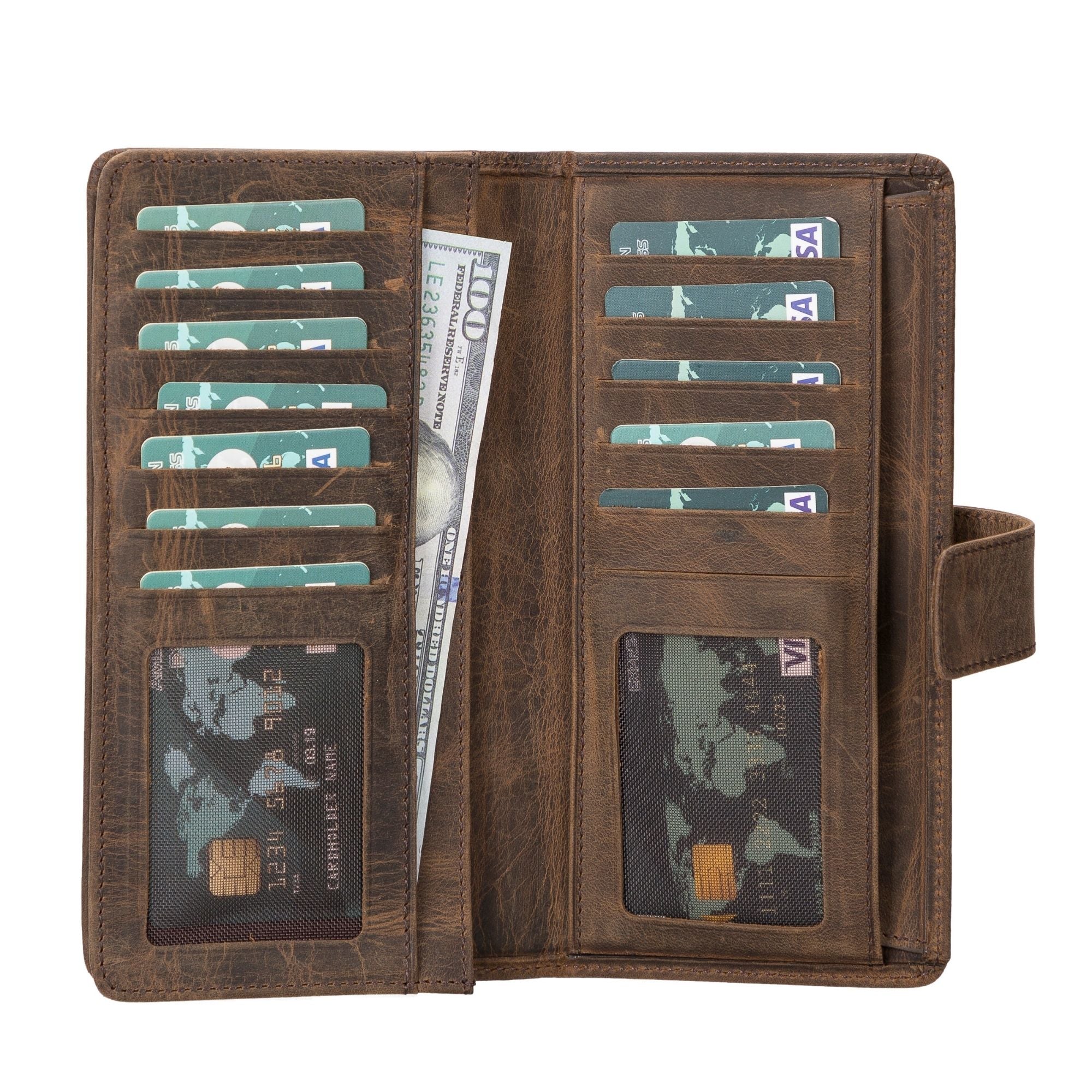 Lander Leather Phone Wallet showcasing its elegant design, multiple card compartments, and dedicated phone slot, crafted from high-quality leather.