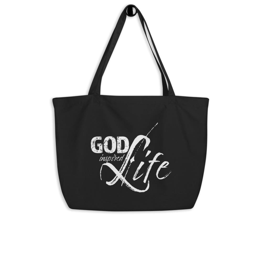 Large black tote bag featuring an inspirational print, made of durable cotton twill, ideal for various uses like shopping, work, and travel.