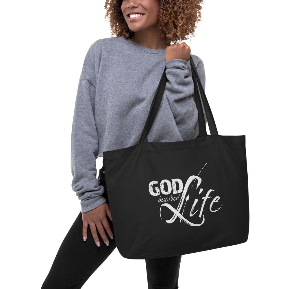 Large black tote bag featuring an inspirational print, made of durable cotton twill, ideal for various uses like shopping, work, and travel.