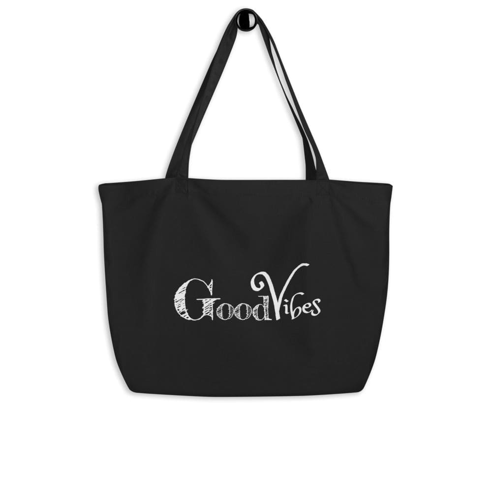 Large black tote bag featuring a Good Vibes inspirational print, made of durable cotton with long dual straps.