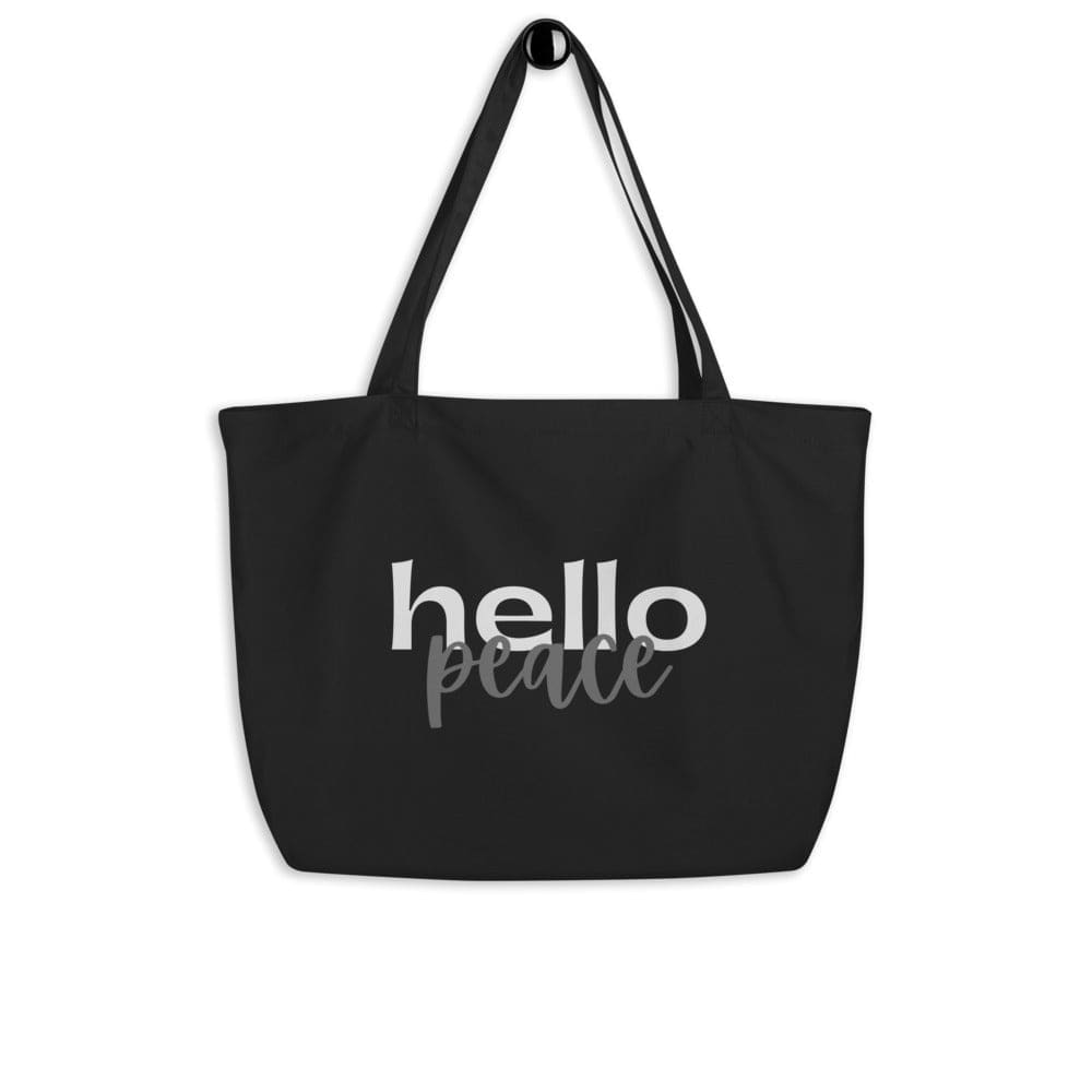 Large black tote bag with Hello Peace inspirational print, featuring durable cotton material and long dual straps for comfortable carrying.