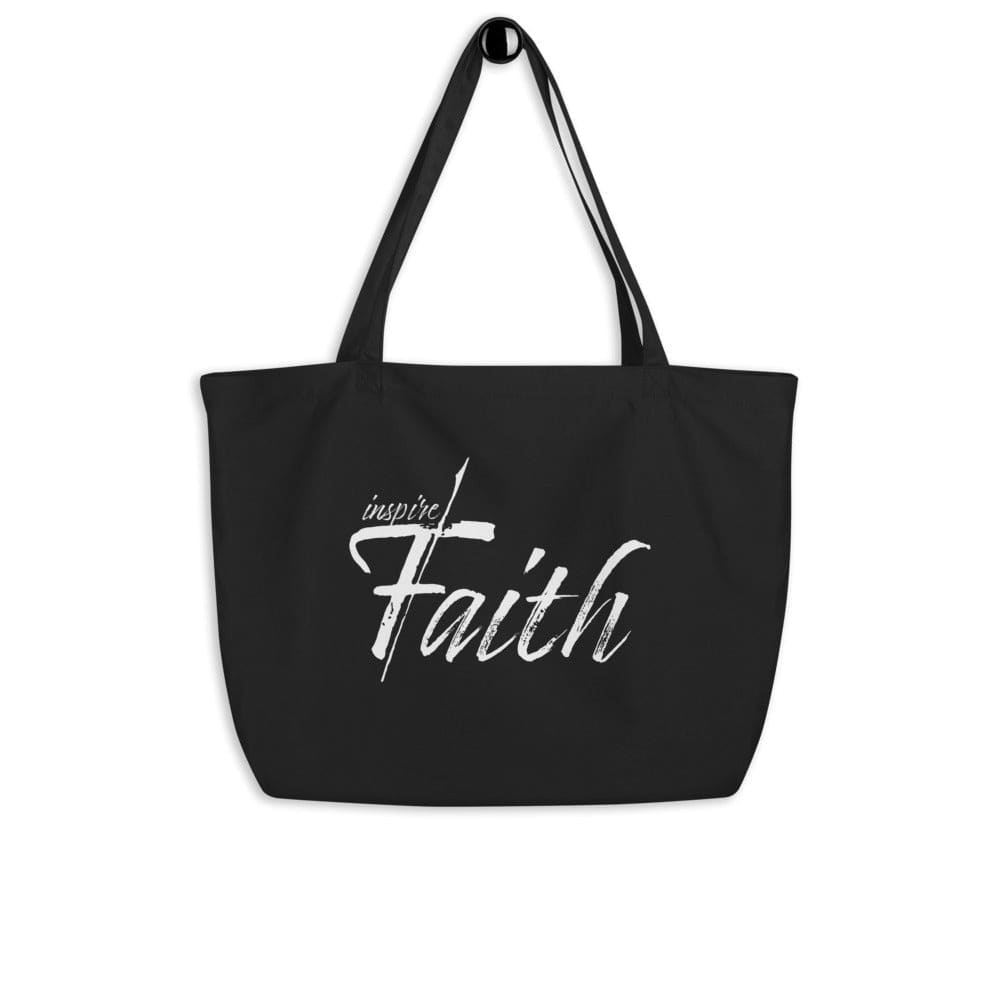 Large black tote bag made of durable cotton twill with inspirational print, featuring dual straps and spacious main compartment.