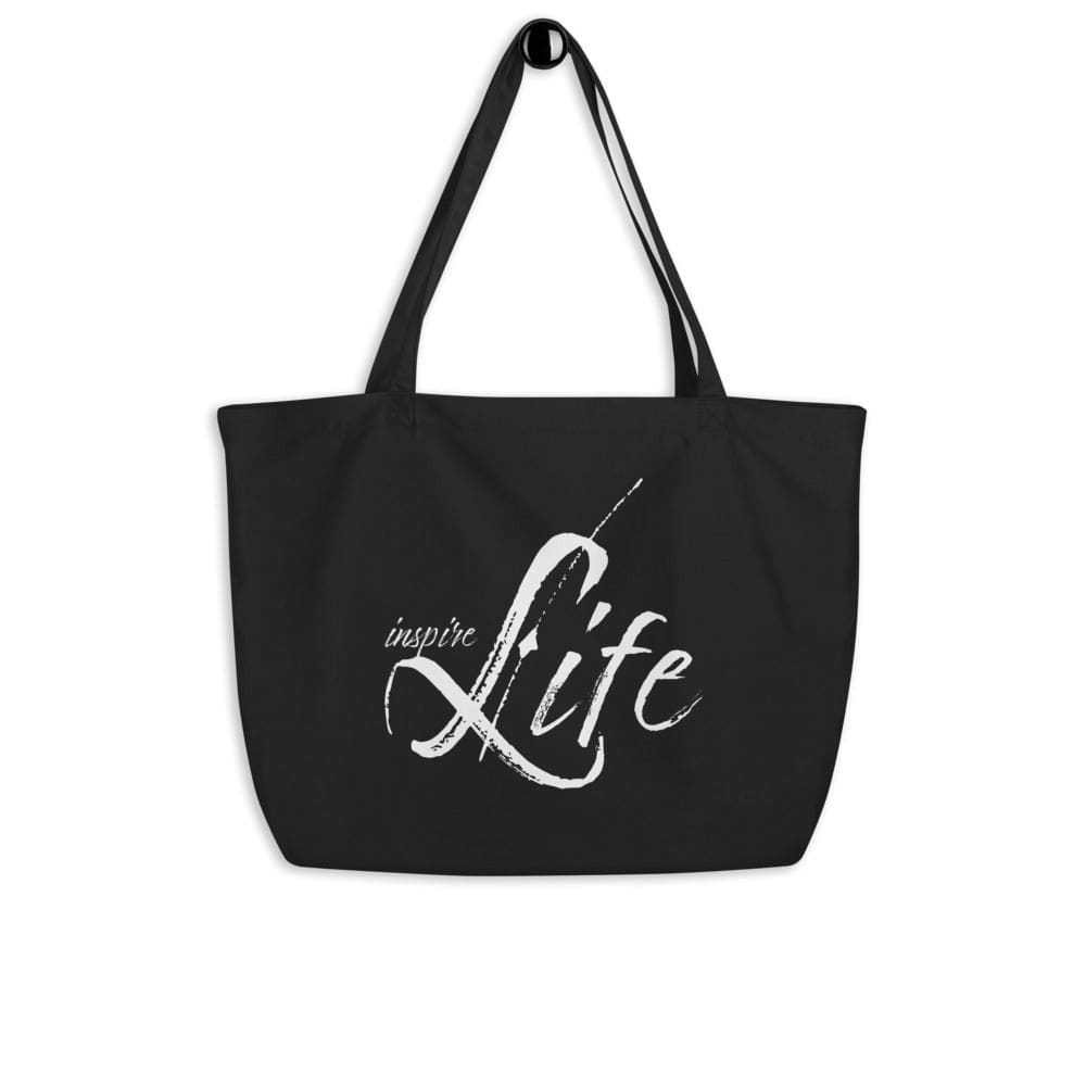 Large black tote bag made of durable cotton twill with inspirational print, featuring long dual straps and spacious open compartment.