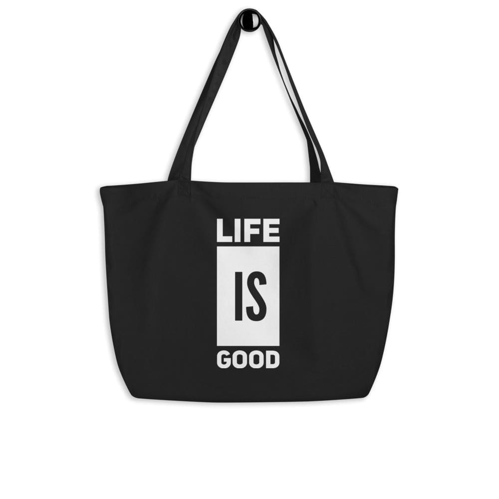 Large black tote bag made of durable cotton with inspirational print, featuring dual straps and spacious interior for versatile use.