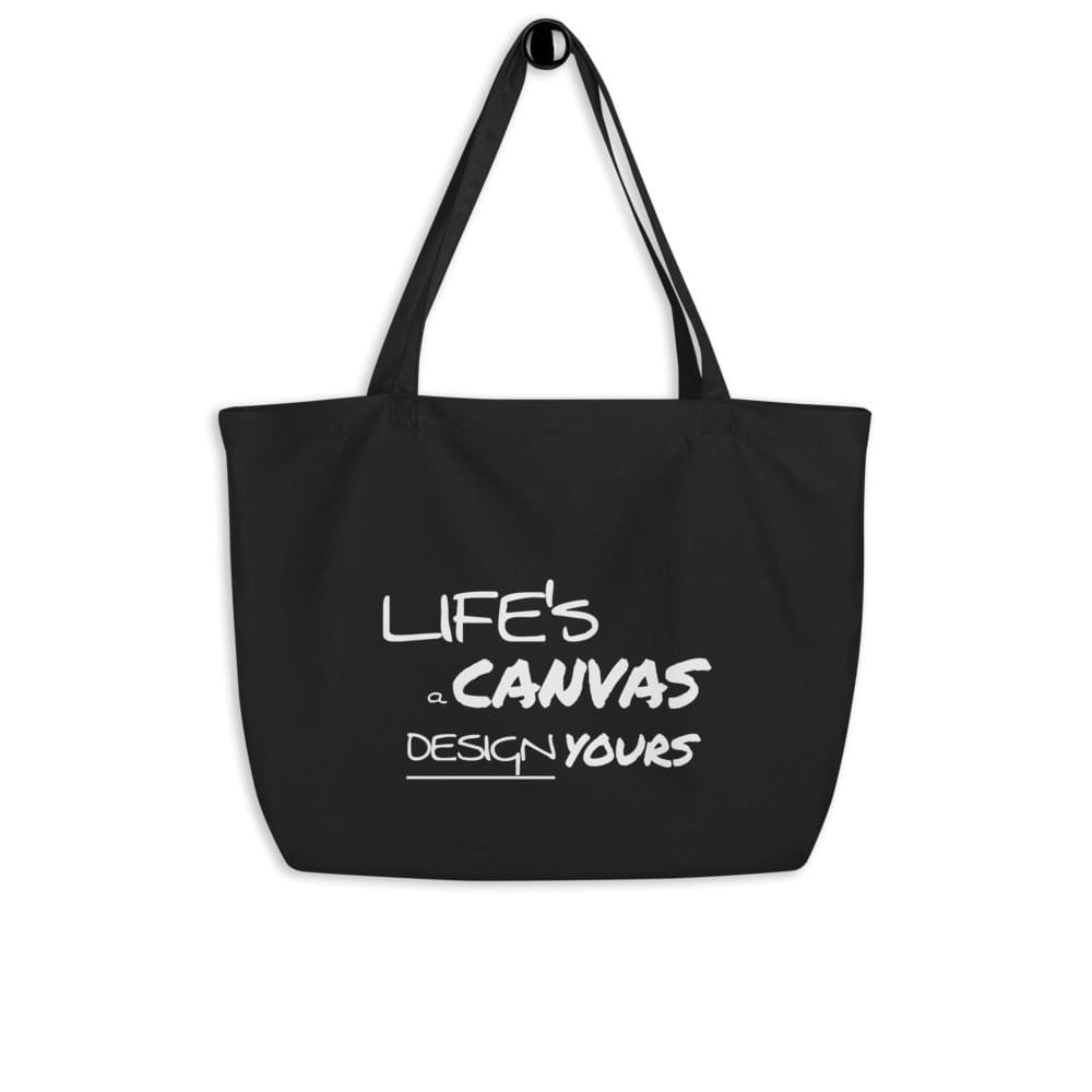 Large black tote bag with inspirational print, featuring durable cotton material and long dual straps for easy carrying.