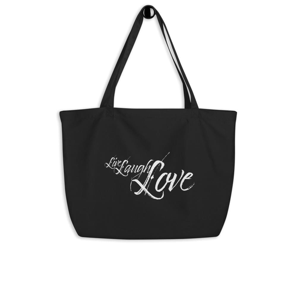 Large black tote bag with 'Live Laugh Love' inspirational print, featuring durable cotton material and long dual straps.