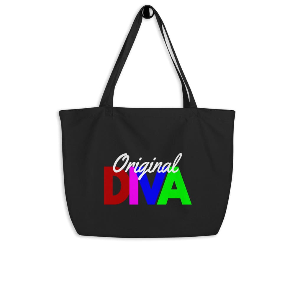 Large black tote bag with inspirational print, featuring durable cotton material and long dual straps for easy carrying.