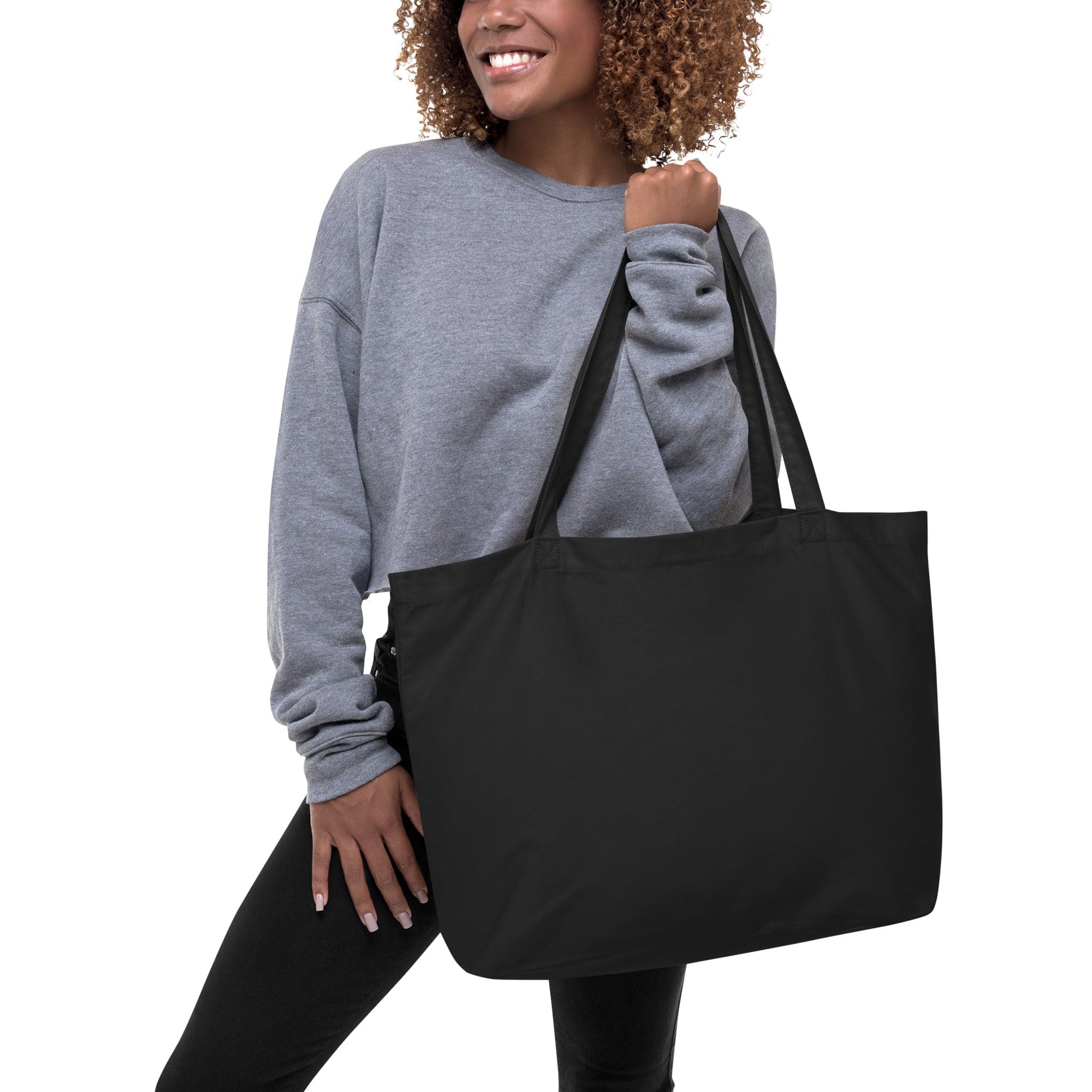 Large Canvas Tote Bag in black, made of durable cotton twill, featuring long dual straps and spacious open compartment.