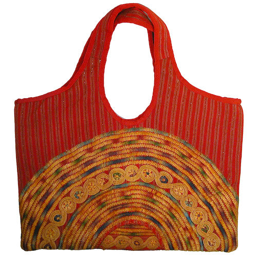 Large Joyabaj Handbag handmade from recycled huipils, showcasing vibrant colors and traditional Mayan patterns.