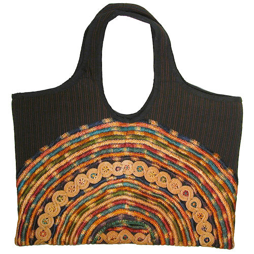 Large Joyabaj Handbag handmade from recycled huipils, showcasing vibrant colors and traditional Mayan patterns.