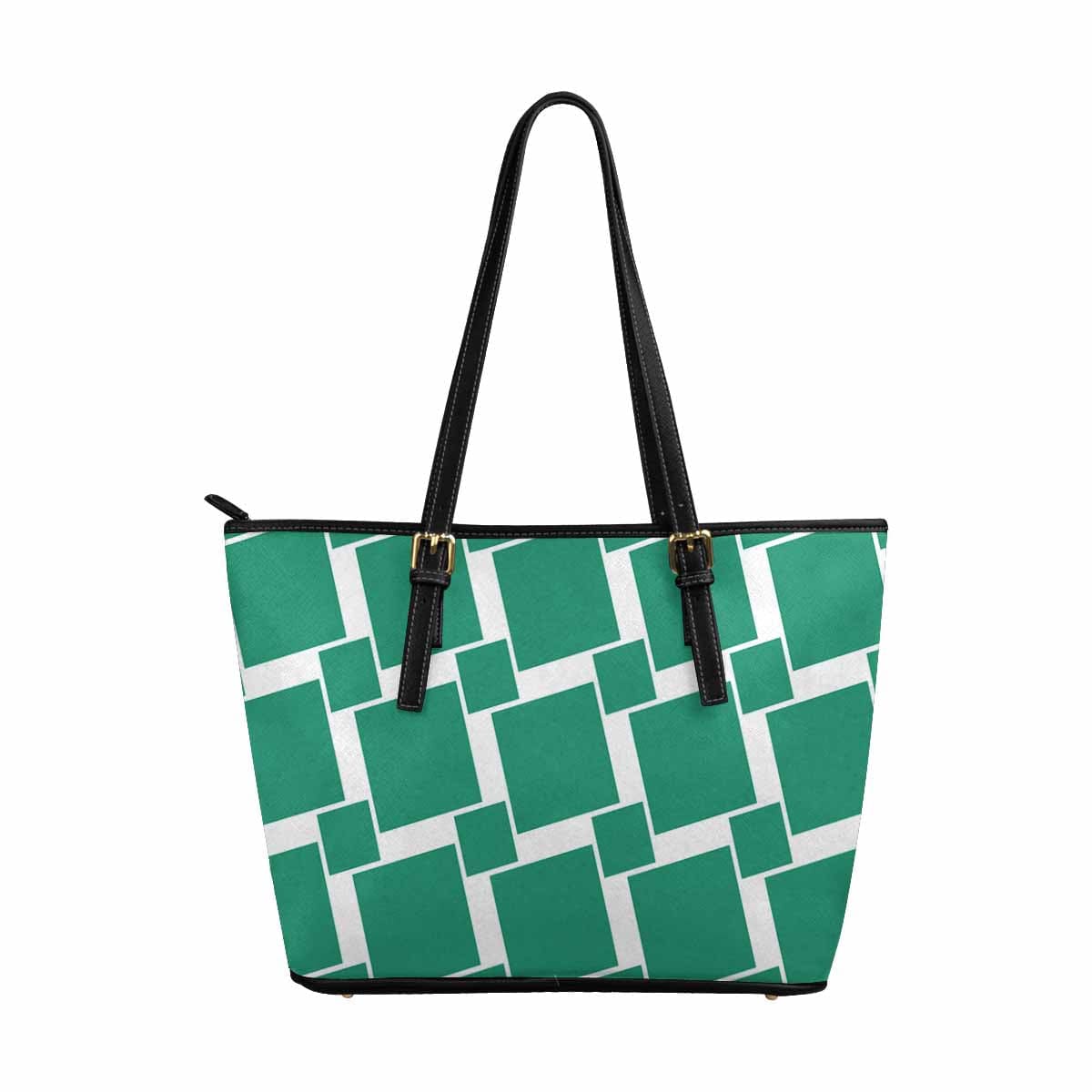 Large leather tote shoulder bag in green grid illustration, featuring durable PU leather and spacious interior.