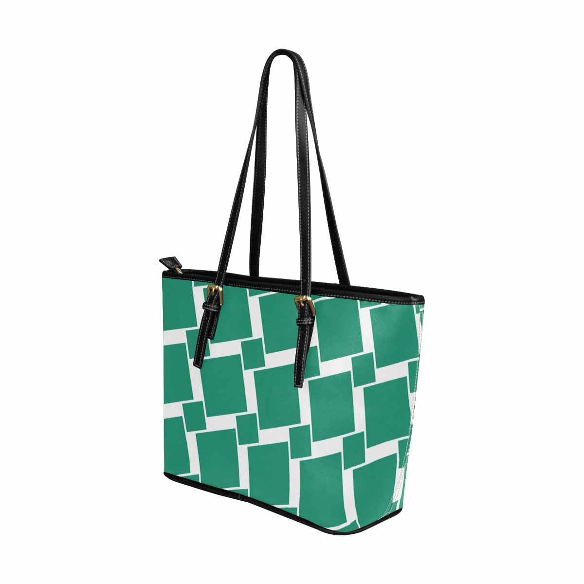 Large leather tote shoulder bag in green grid illustration, featuring durable PU leather and spacious interior.