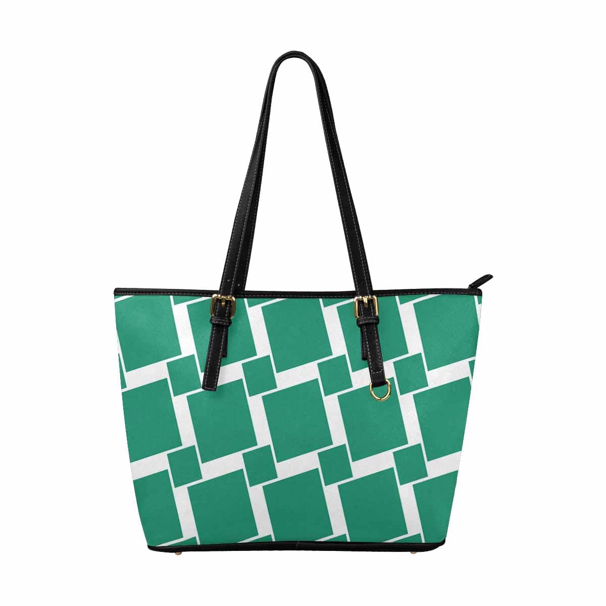 Large leather tote shoulder bag in green grid illustration, featuring durable PU leather and spacious interior.