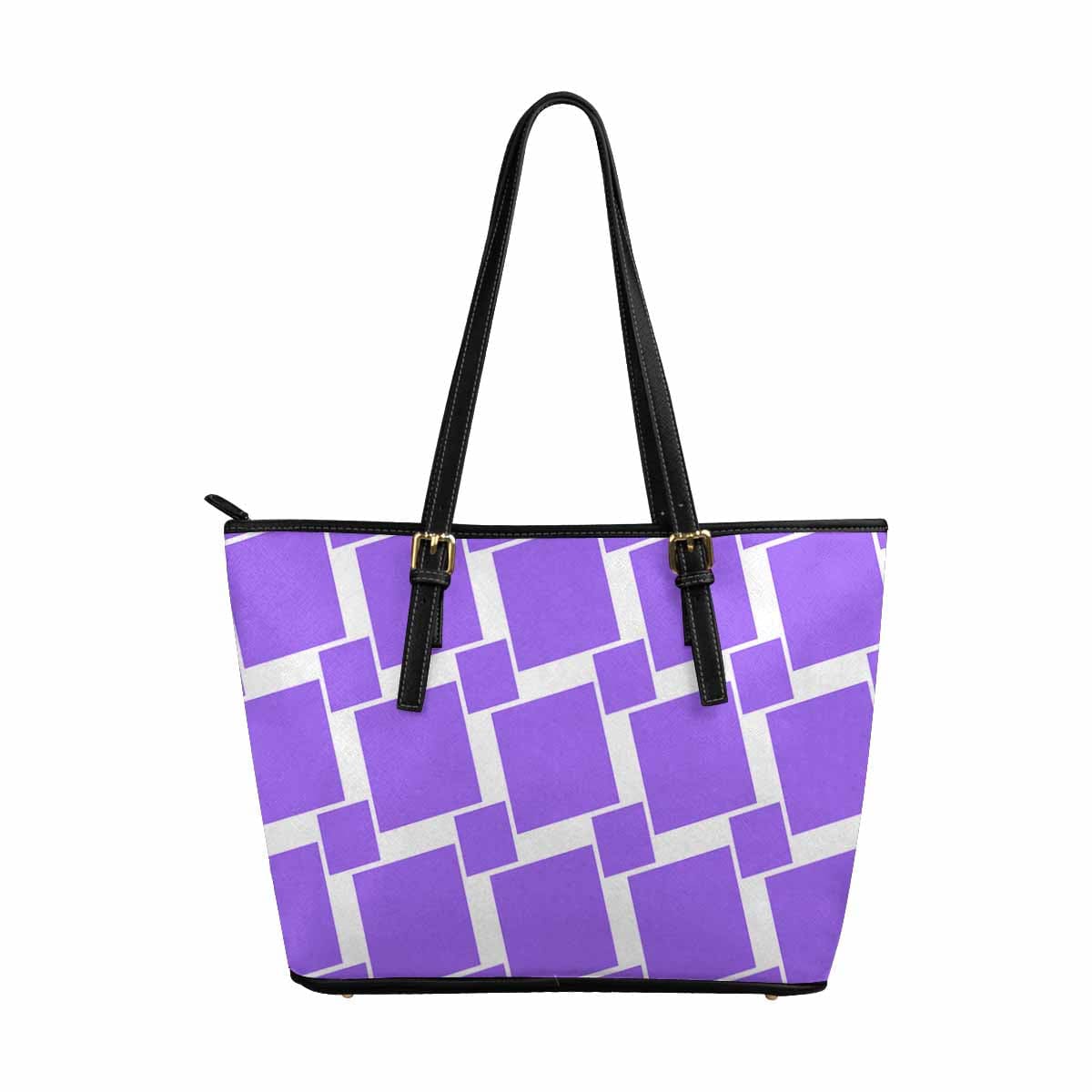 Large Leather Tote Shoulder Bag in Lavender Purple with grid illustration, featuring adjustable straps and zipper closure.