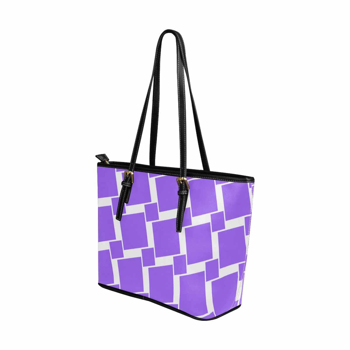 Large Leather Tote Shoulder Bag in Lavender Purple with grid illustration, featuring adjustable straps and zipper closure.