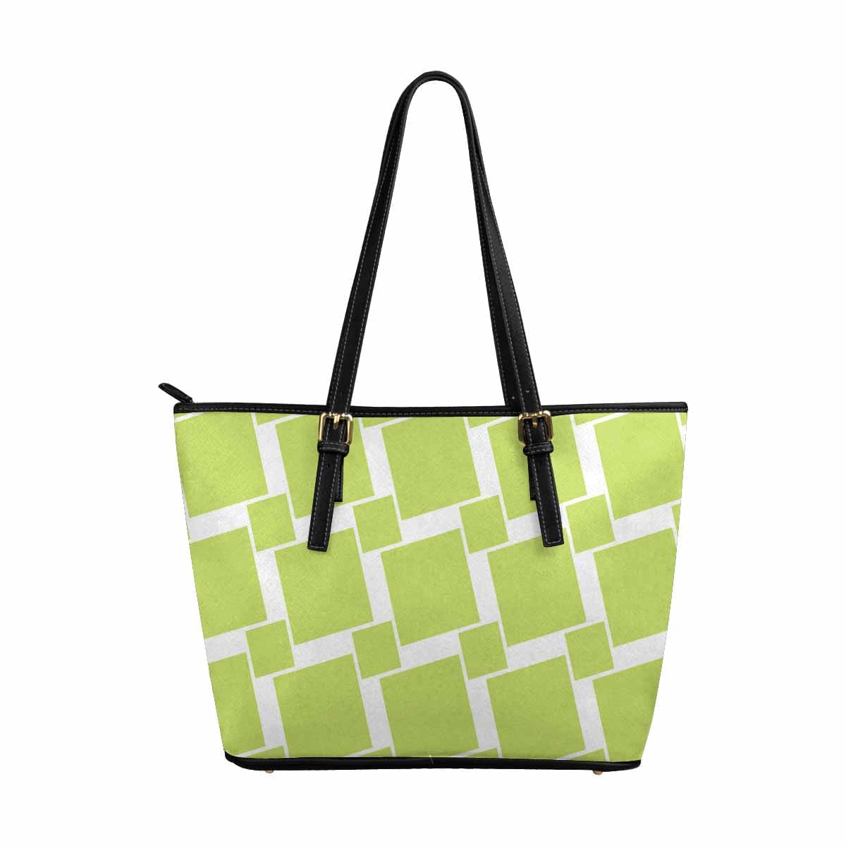 Large Leather Tote Shoulder Bag in Lime Green and White Grid, showcasing its spacious design and stylish appearance.