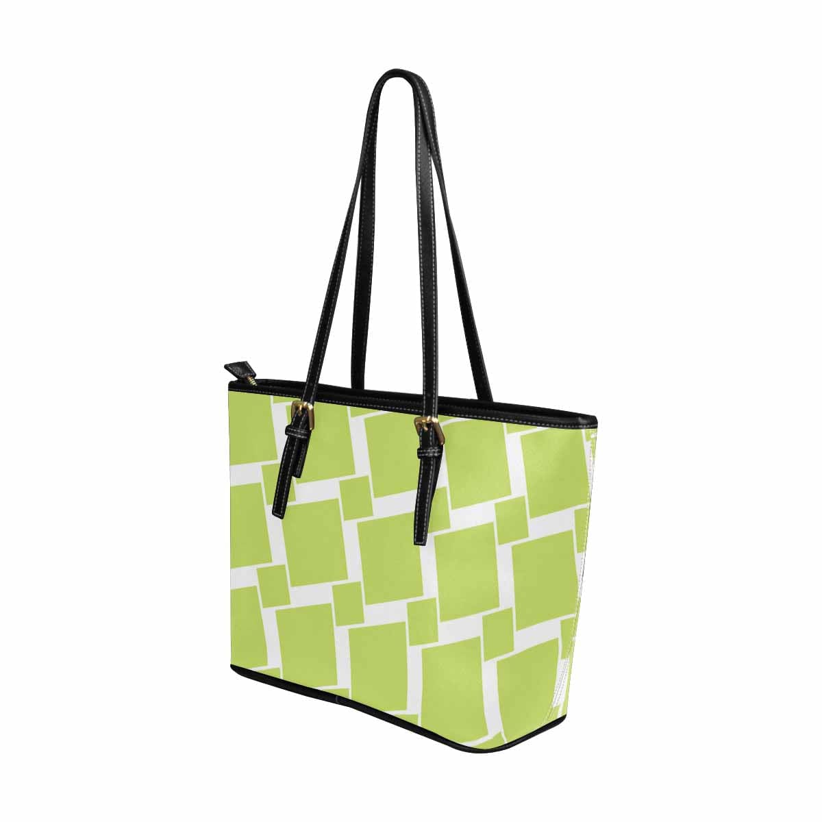 Large Leather Tote Shoulder Bag in Lime Green and White Grid, showcasing its spacious design and stylish appearance.