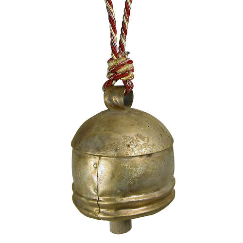 A beautifully handcrafted Large Metal Bell made from recycled scrap metals, featuring a rustic finish and a hanging rope.