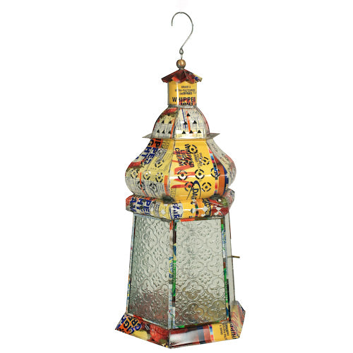 Large six-sided recycled metal candle lantern, handmade in India, featuring vibrant colors and a hook for hanging.