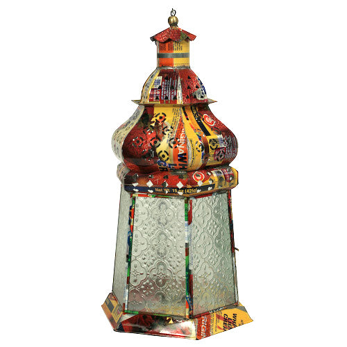 Large six-sided recycled metal candle lantern, handmade in India, featuring vibrant colors and a hook for hanging.