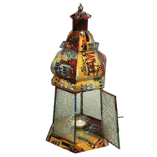 Large six-sided recycled metal candle lantern, handmade in India, featuring vibrant colors and a hook for hanging.