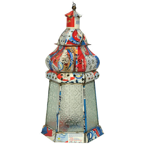 Large six-sided recycled metal candle lantern, handmade in India, featuring vibrant colors and a hook for hanging.