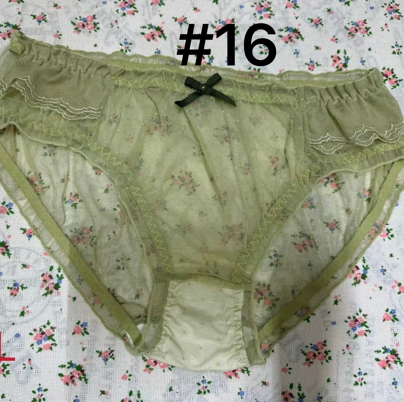 Large size lace coquette panties with floral design, made from soft mesh and cotton for comfort.