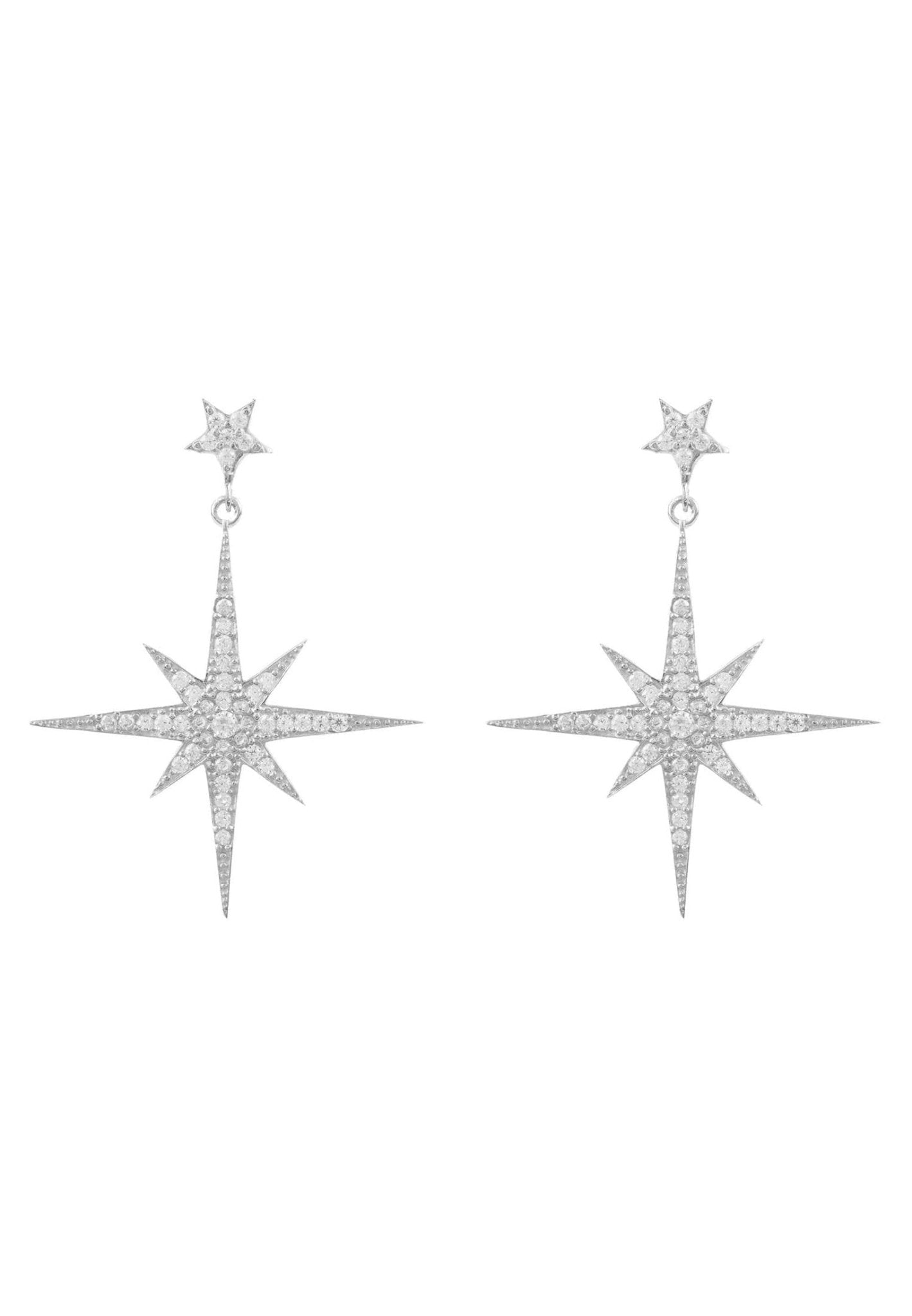 Large silver star burst drop earrings with sparkling cubic zirconia, elegantly designed for a luxurious look.