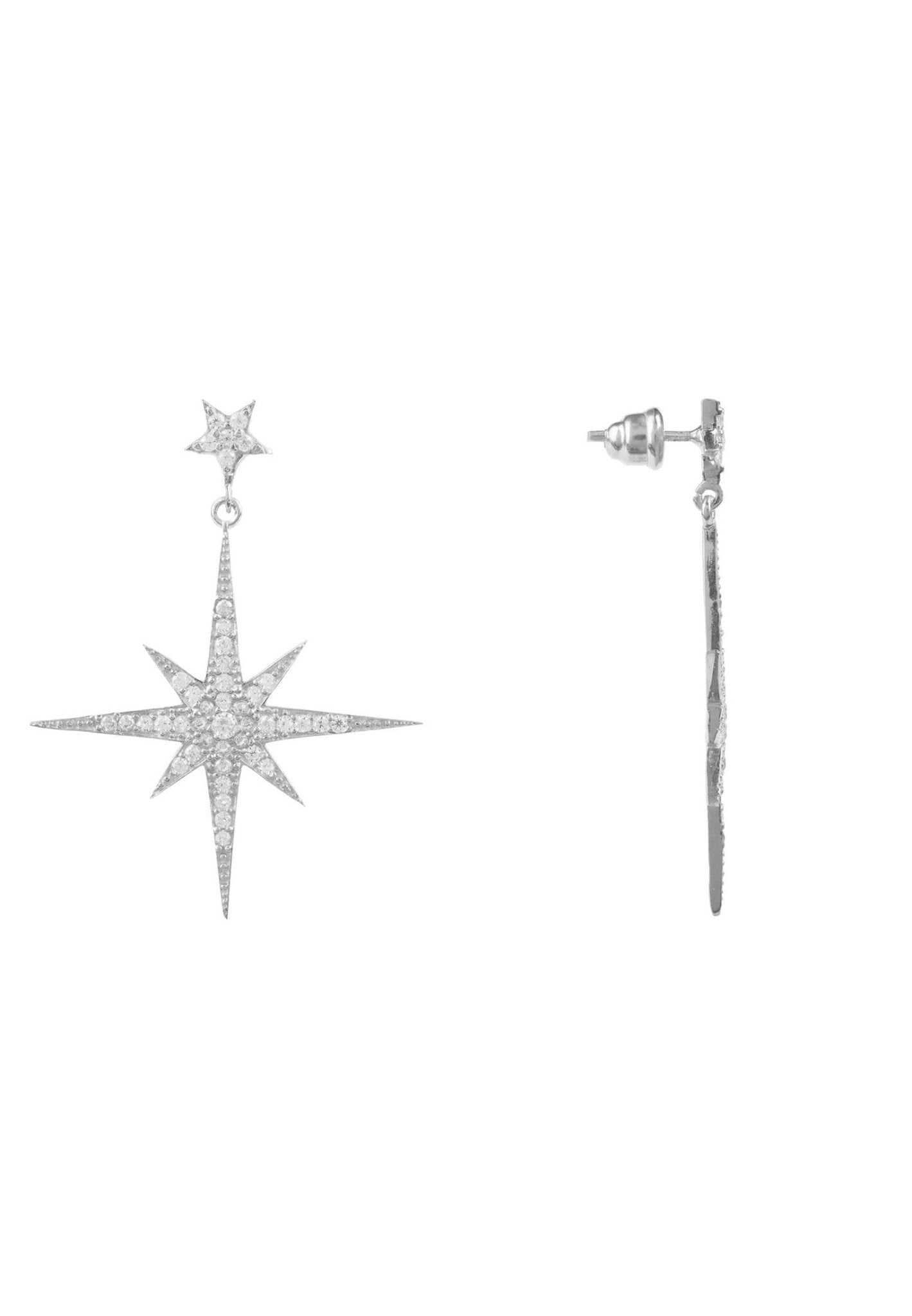 Large silver star burst drop earrings with sparkling cubic zirconia, elegantly designed for a luxurious look.