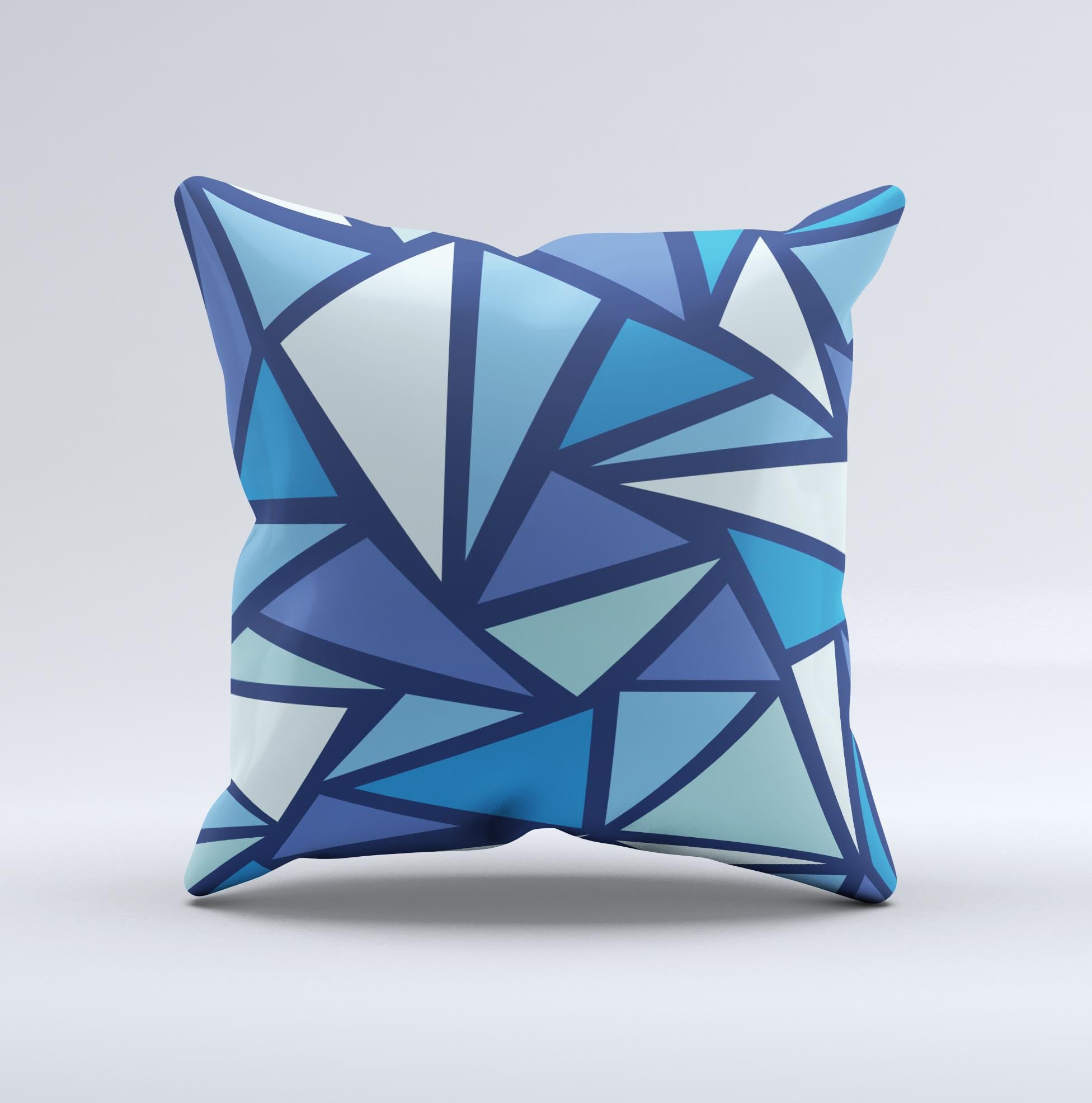 Large decorative throw pillow featuring blue ink-fuzed vector shards, handcrafted in Virginia with high thread count fabric.