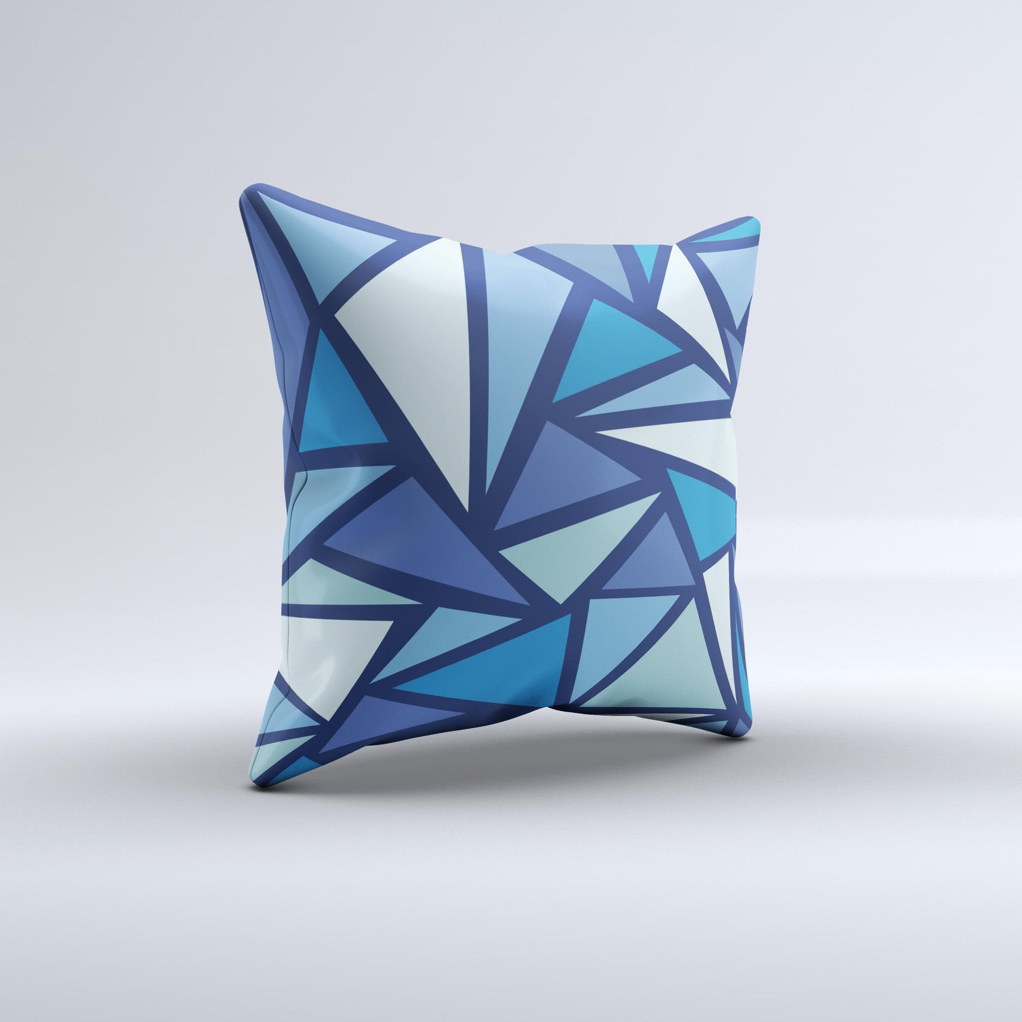 Large decorative throw pillow featuring blue ink-fuzed vector shards, handcrafted in Virginia with high thread count fabric.