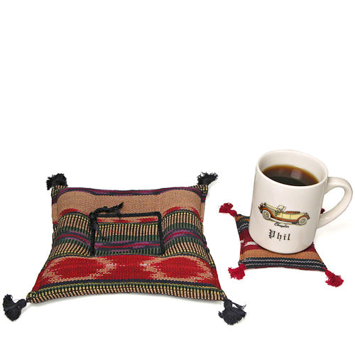 Large Woven Square Trivet handcrafted in Guatemala, featuring vibrant traditional fabric and aromatic spice filling.