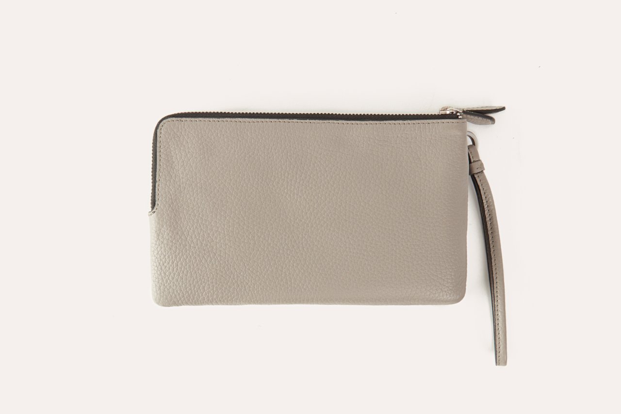 Large Wristlet made from genuine pebble leather with double zipper compartments, showcasing card slots and sleeve pockets.