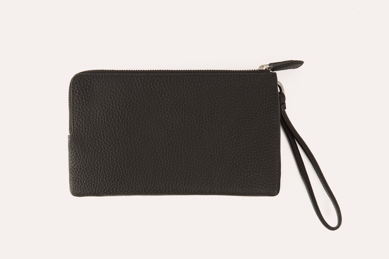 Large Wristlet made from genuine pebble leather with double zipper compartments, showcasing card slots and sleeve pockets.