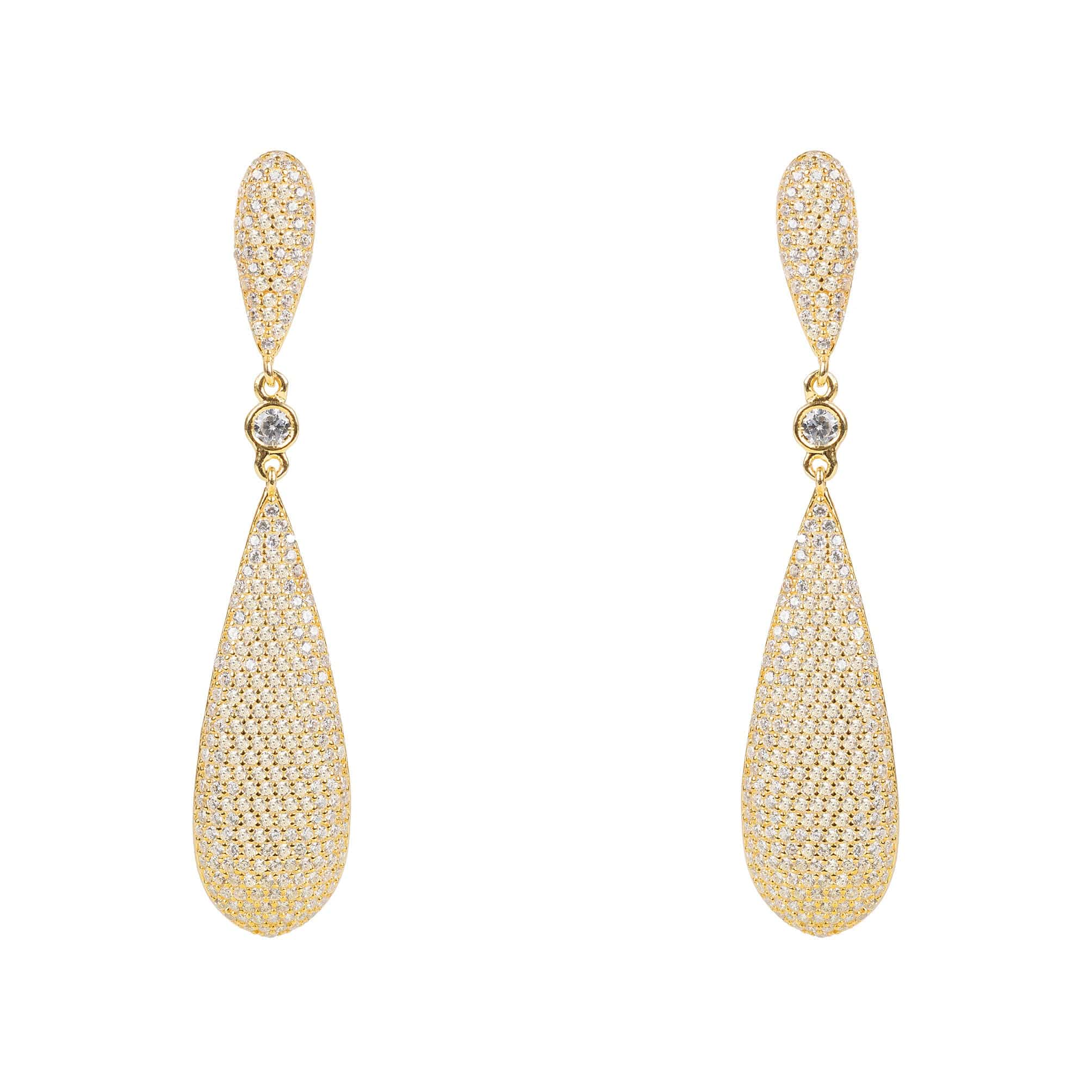 Latelita Long Drop Earrings Gold featuring elongated drop design with sparkling white zirconia stones, handcrafted in 925 sterling silver.