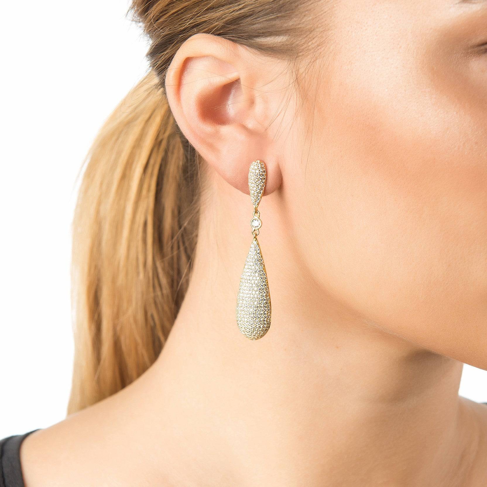 Latelita Long Drop Earrings Gold featuring elongated drop design with sparkling white zirconia stones, handcrafted in 925 sterling silver.