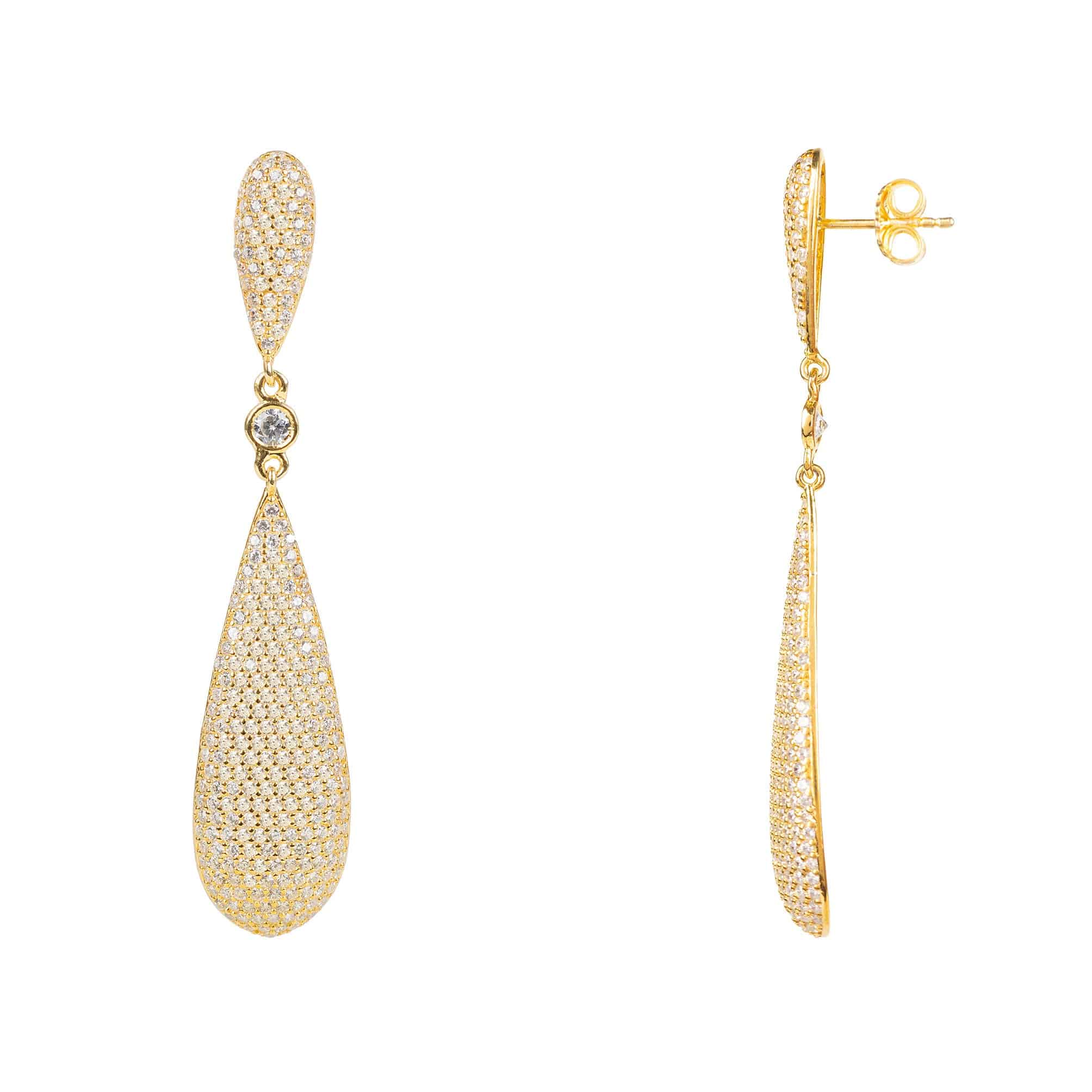 Latelita Long Drop Earrings Gold featuring elongated drop design with sparkling white zirconia stones, handcrafted in 925 sterling silver.