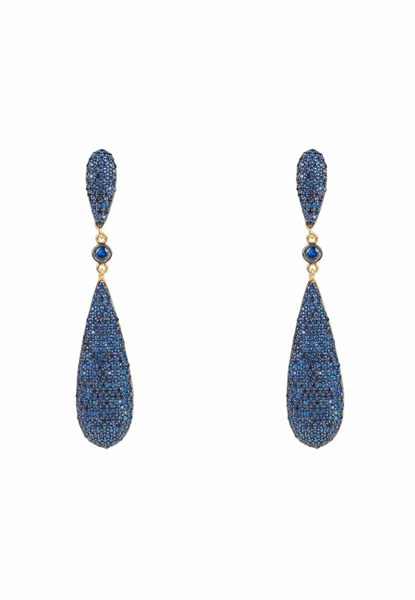 Latelita Long Drop Earrings featuring sapphire blue zirconia stones, handcrafted with sterling silver and gold plating.