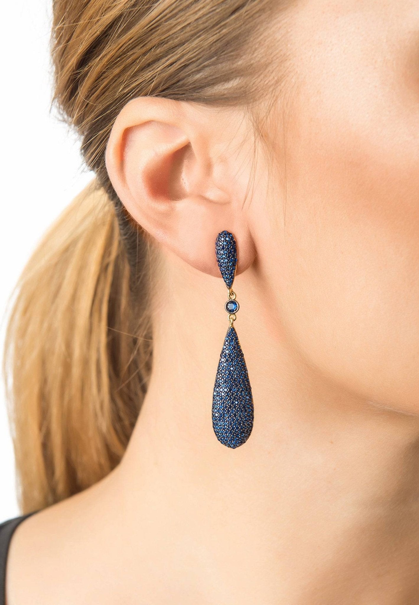 Latelita Long Drop Earrings featuring sapphire blue zirconia stones, handcrafted with sterling silver and gold plating.