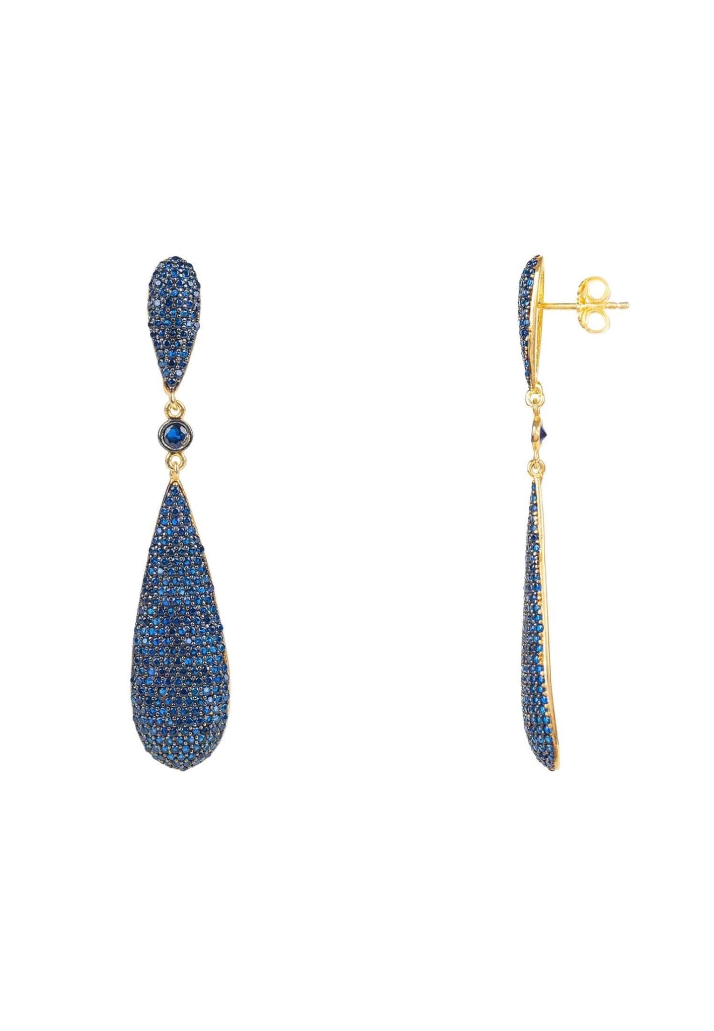 Latelita Long Drop Earrings featuring sapphire blue zirconia stones, handcrafted with sterling silver and gold plating.